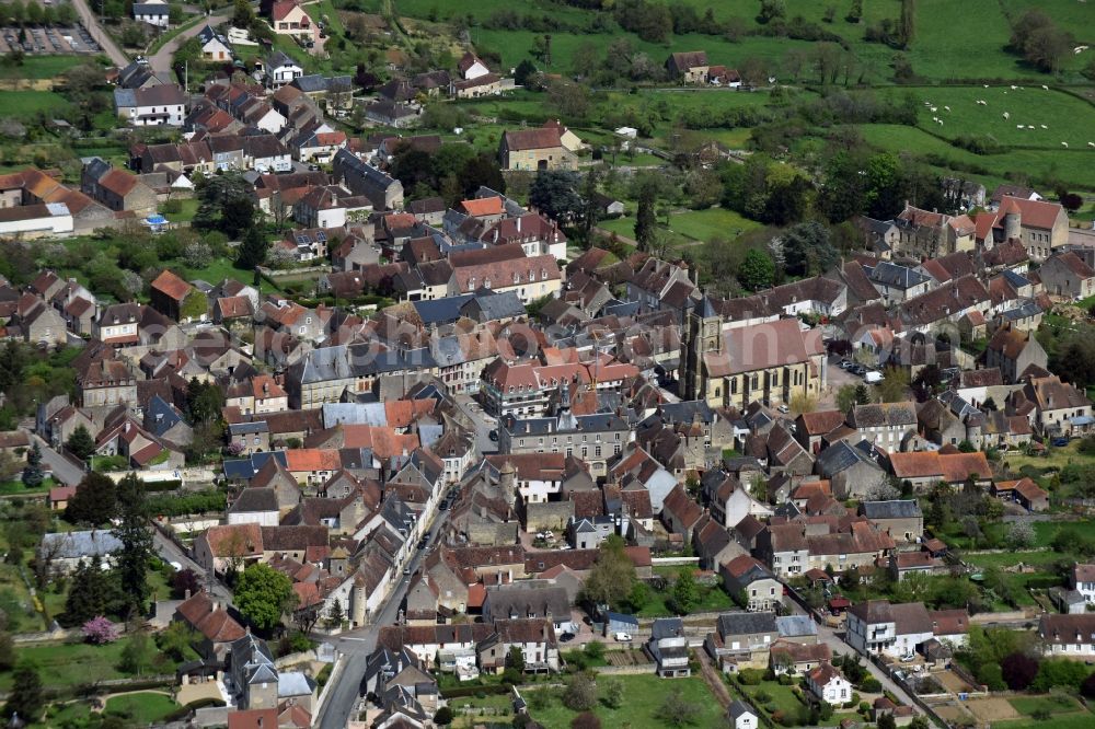 Tannay from above - City view of Tannay with Church Eglise Saint-Leger de Tannay in Bourgogne Franche-Comte, France