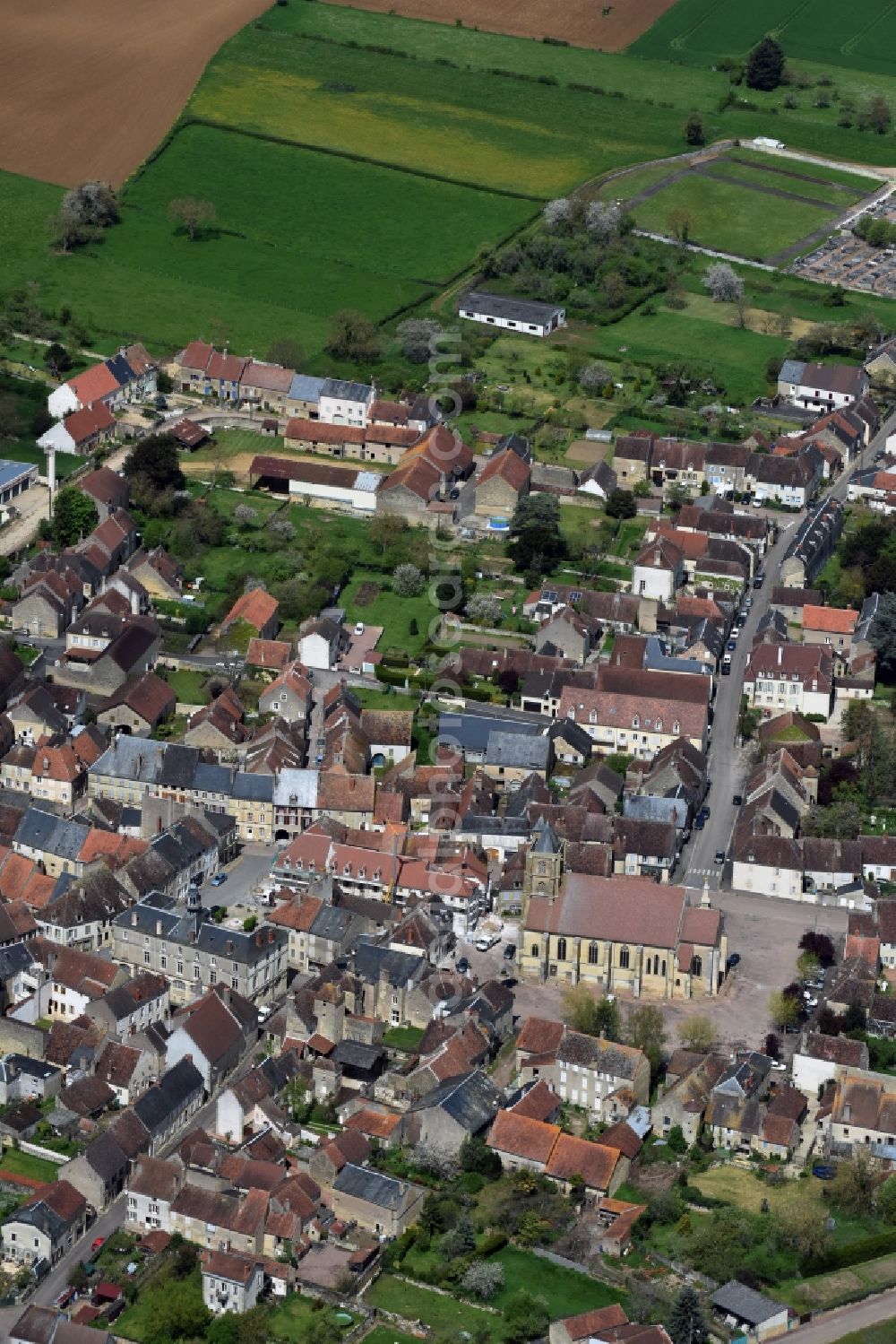 Tannay from above - City view of Tannay with Church Eglise Saint-Leger de Tannay in Bourgogne Franche-Comte, France