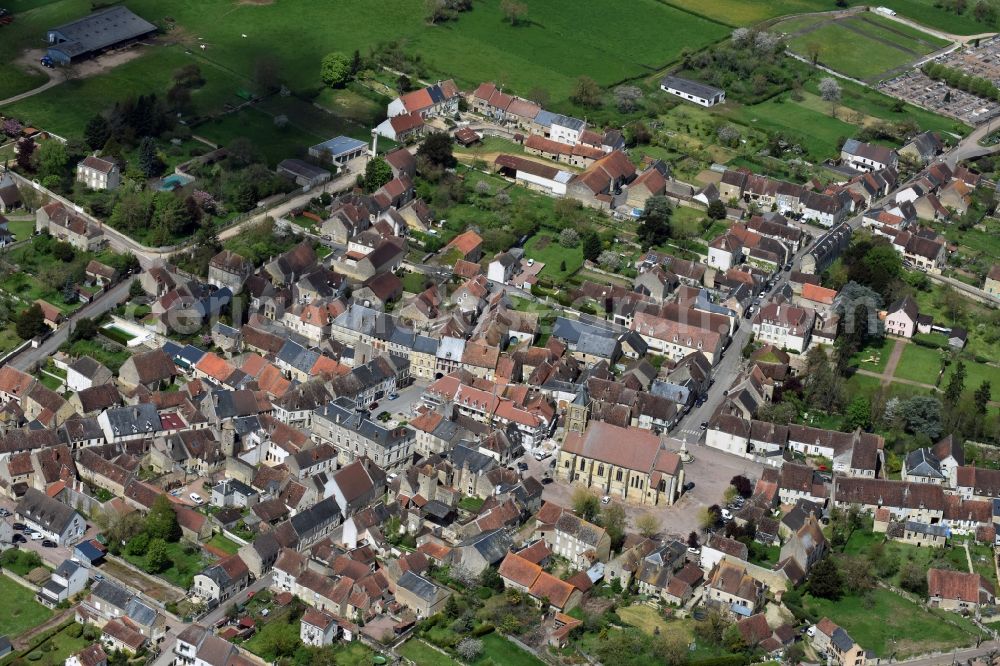 Tannay from the bird's eye view: City view of Tannay with Church Eglise Saint-Leger de Tannay in Bourgogne Franche-Comte, France