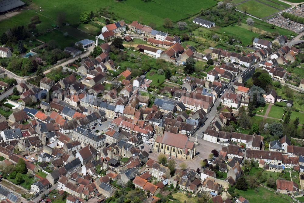 Aerial image Tannay - City view of Tannay with Church Eglise Saint-Leger de Tannay in Bourgogne Franche-Comte, France