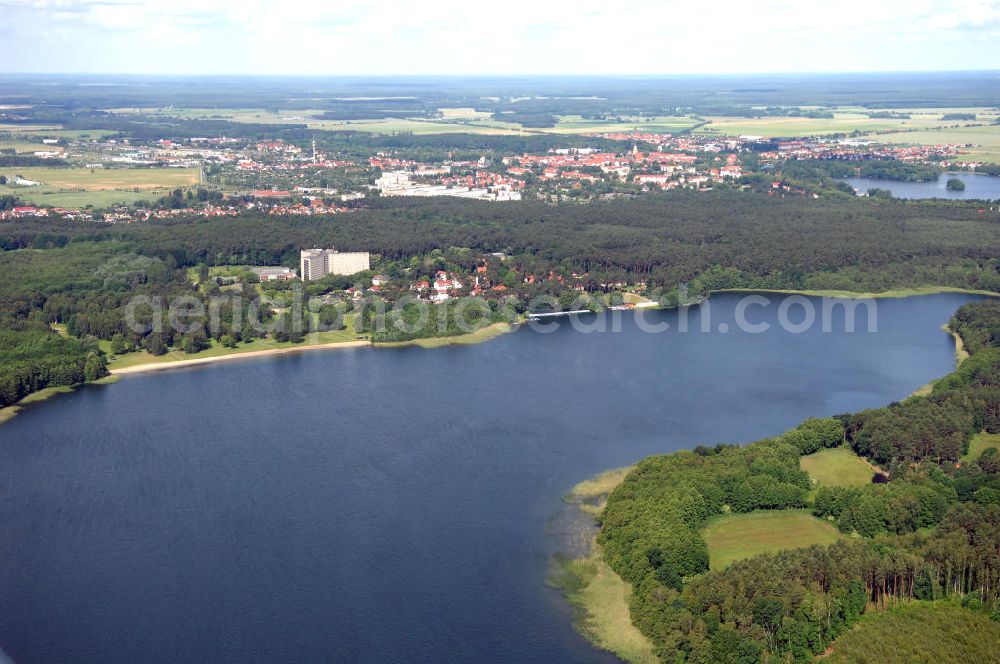 Templin from the bird's eye view: Stadtansicht von Templin am Ufer des Lübbesee in Brandenburg / BB. City view of Templin at the lake Lübbesee in Germany.