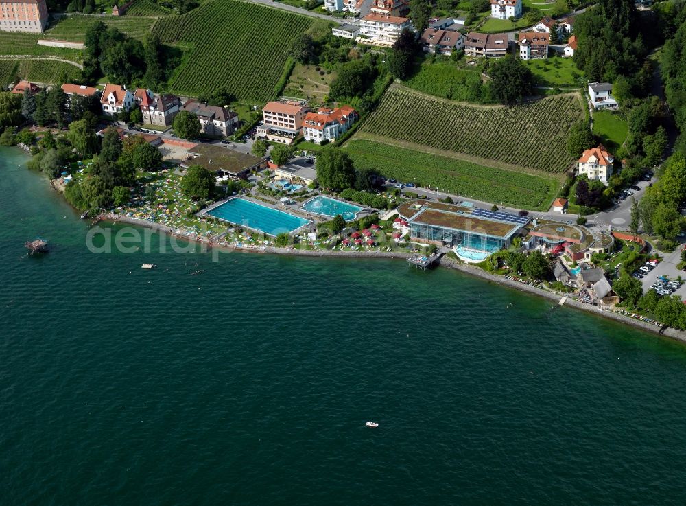 Aerial image Meersburg - Cityscape with the spa, the water park and the swimming pool of the town of Meersburg on the shores of Lake Bodensee in Baden-Württemberg