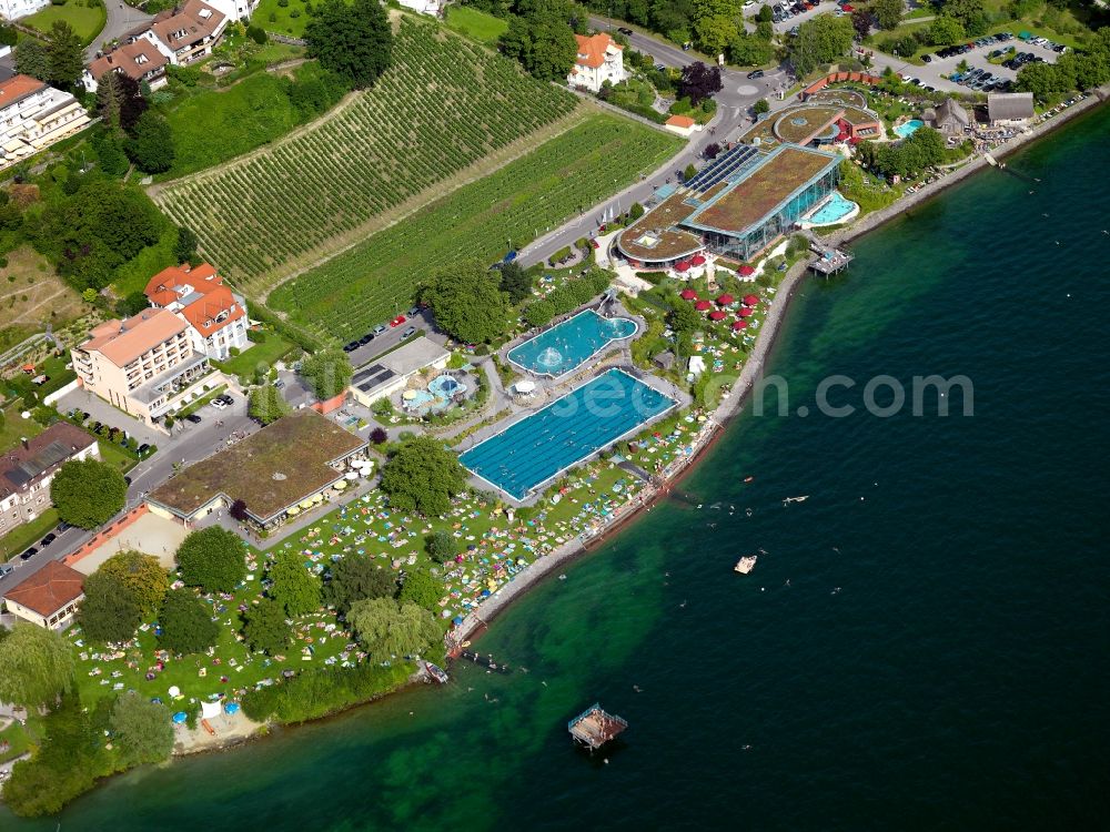 Meersburg from above - Cityscape with the spa, the water park and the swimming pool of the town of Meersburg on the shores of Lake Bodensee in Baden-Württemberg