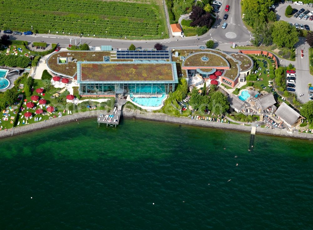 Aerial image Meersburg - Cityscape with the spa, the water park and the swimming pool of the town of Meersburg on the shores of Lake Bodensee in Baden-Württemberg