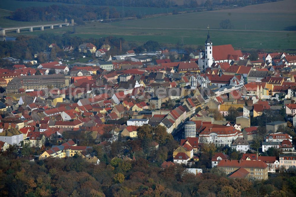 Aerial image Torgau - Stadtansicht von Torgau an der Elbe mit der Marienkirche / Kirche St. Marien und der Elbe. Cityscape of Torgau an der Elbe with the Marien church / church st. Marien and the river Elbe.