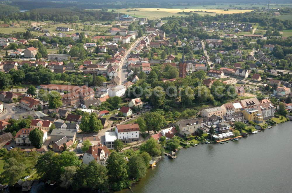 Feldberg from above - Blick auf die Stadt Feldberg mit der Evangelischen Kirche - Mecklenburg-Vorpommern MV. View of the townscape Feldberg with the evangelical Church - Mecklenburg-Western Pomerania.