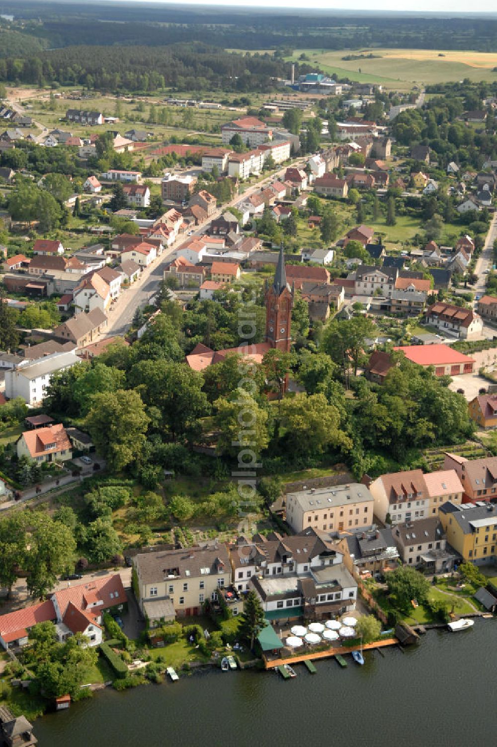 Feldberg from the bird's eye view: Blick auf die Stadt Feldberg mit der Evangelischen Kirche - Mecklenburg-Vorpommern MV. View of the townscape Feldberg with the evangelical Church - Mecklenburg-Western Pomerania.