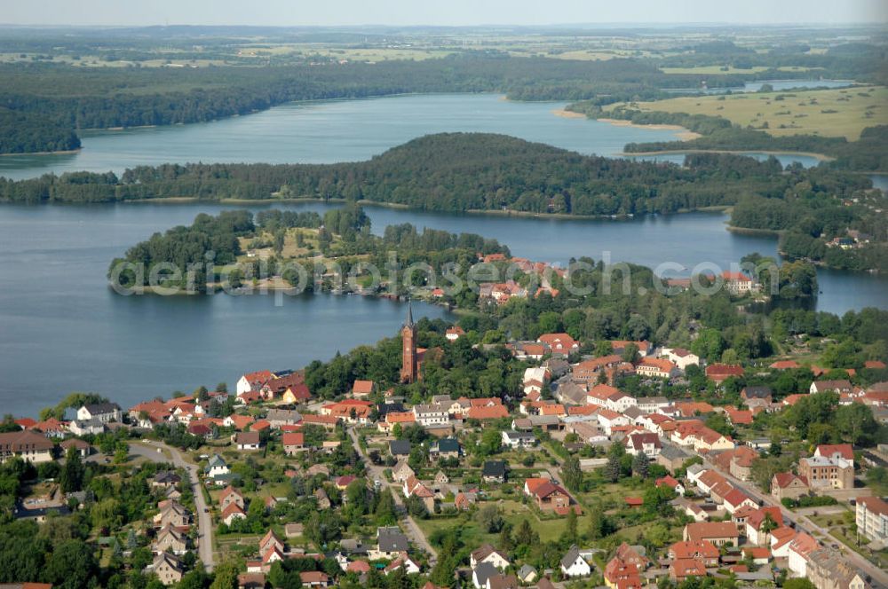 Aerial image Feldberg - Blick über die Stadt Feldberg mit der Halbinsel Amtswerder im Haussee und dem See Breiter Luzin - Mecklenburg-Vorpommern MV. View over the townscape Feldberg with the peninsula Amtswerder in the lake Haussee and the lake Breiter Luzin - Mecklenburg-Western Pomerania.