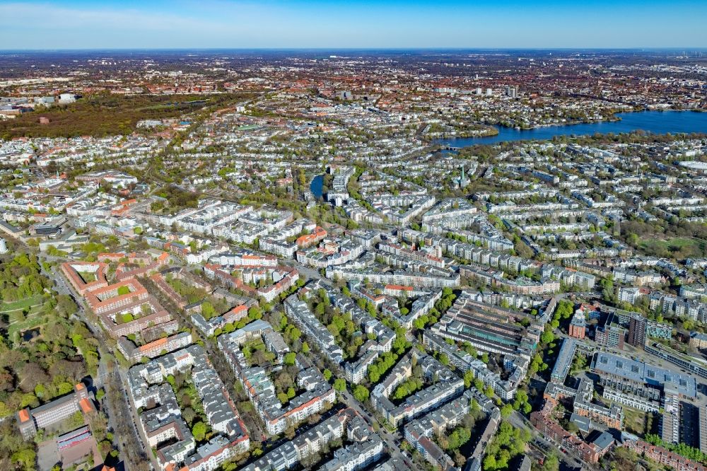 Hamburg from the bird's eye view: City view on the river bank of Alster in the district Eppendorf in Hamburg, Germany