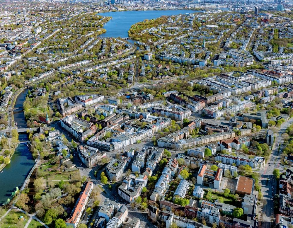 Hamburg from the bird's eye view: City view on the river bank of Alster in the district Harvestehude in Hamburg, Germany