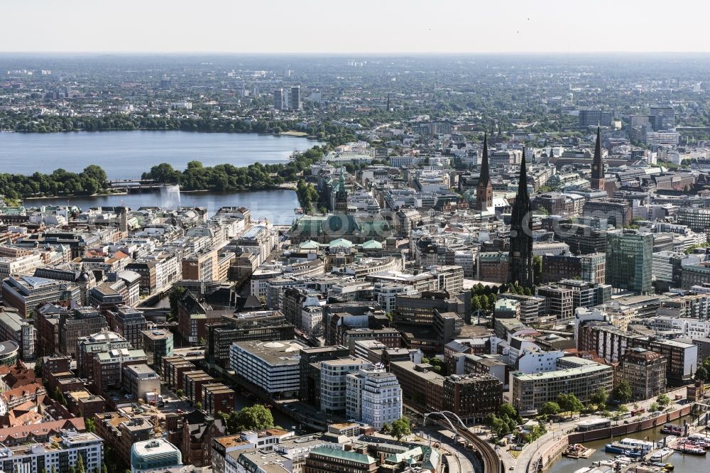 Hamburg from above - City view on the river bank Aussenalster in Hamburg, Germany