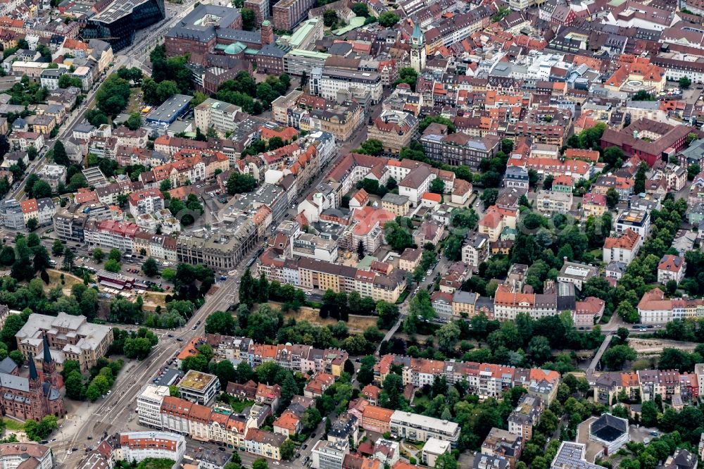 Aerial image Freiburg im Breisgau - City view on the river bank of Dreisam entlang in Freiburg im Breisgau in the state Baden-Wurttemberg, Germany