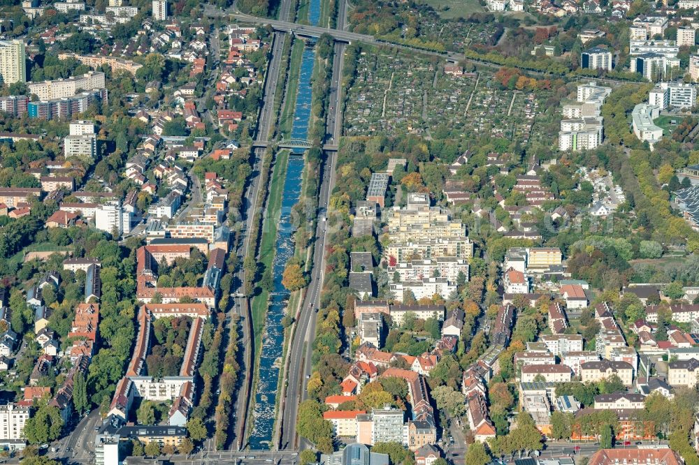 Aerial image Freiburg im Breisgau - City view on the river bank of Dreisam in Freiburg im Breisgau in the state Baden-Wurttemberg, Germany