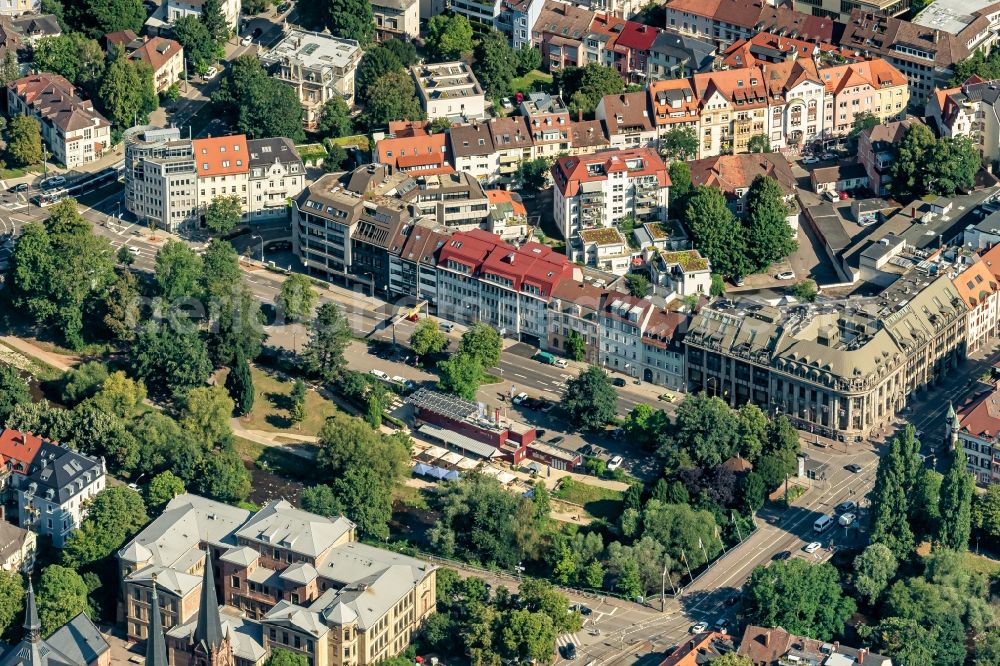 Freiburg im Breisgau from the bird's eye view: City view on the river bank of Dreisam in Freiburg im Breisgau in the state Baden-Wurttemberg, Germany