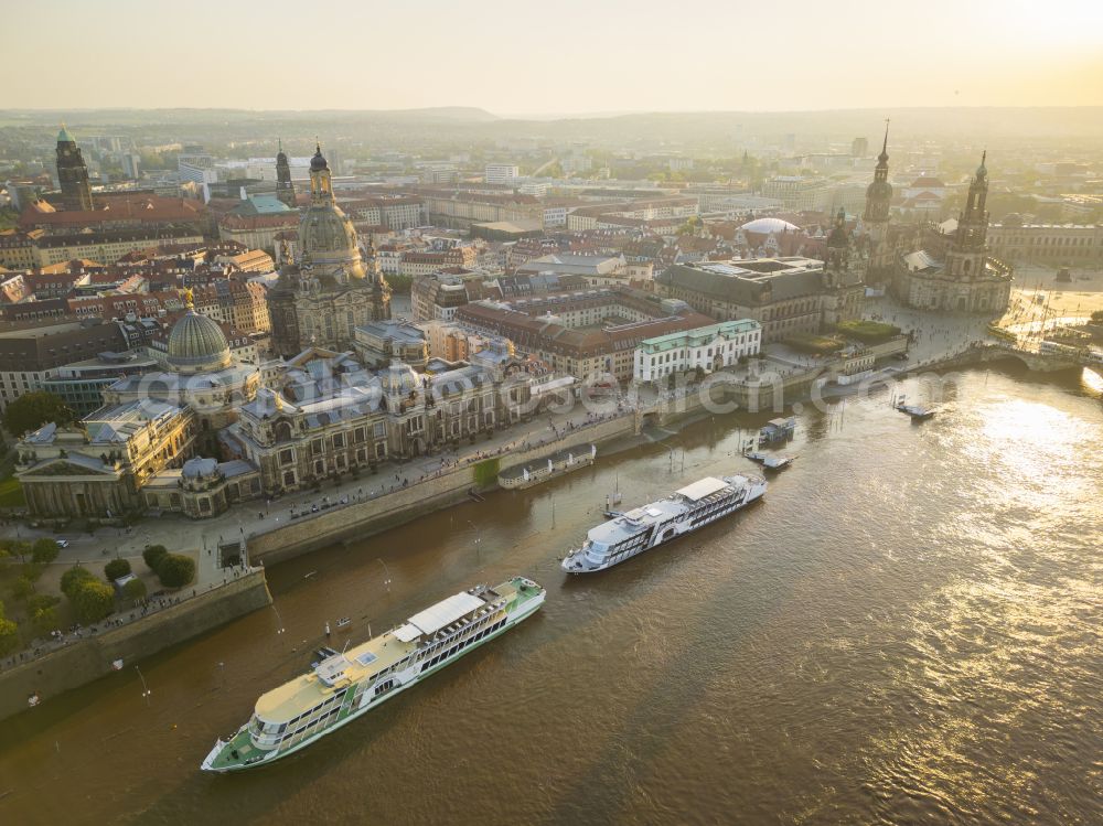 Dresden from above - City view on the river bank of the River Elbe on street Terrassenufer in Dresden in the state Saxony, Germany