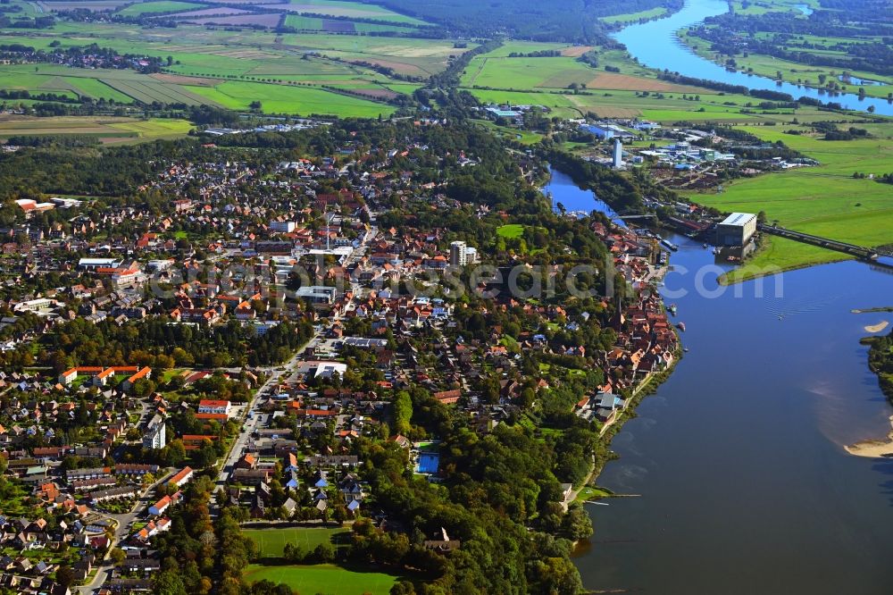 Lauenburg/Elbe from above - City view on the river bank of the River Elbe in Lauenburg/Elbe in the state Schleswig-Holstein, Germany