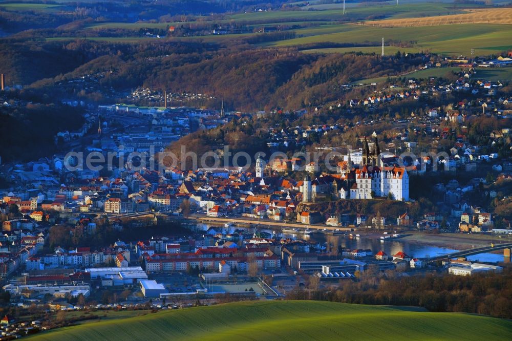 Meißen from above - City view on the river bank of the River Elbe in Meissen in the state Saxony, Germany