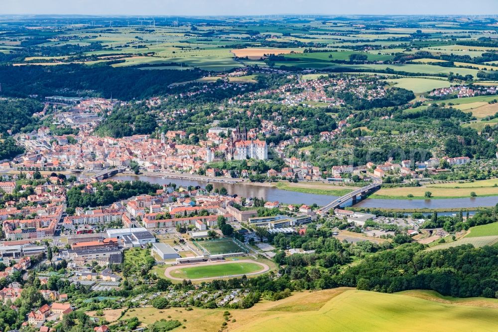 Meißen from above - City view on the river bank Elbe in Meissen in the state Saxony, Germany