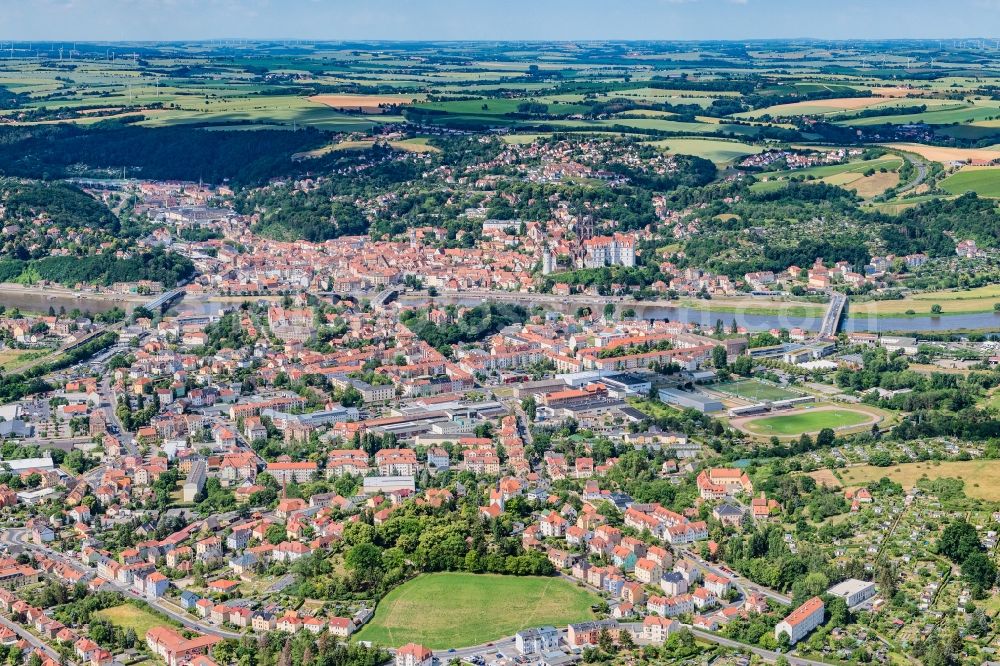 Aerial image Meißen - City view on the river bank Elbe in Meissen in the state Saxony, Germany