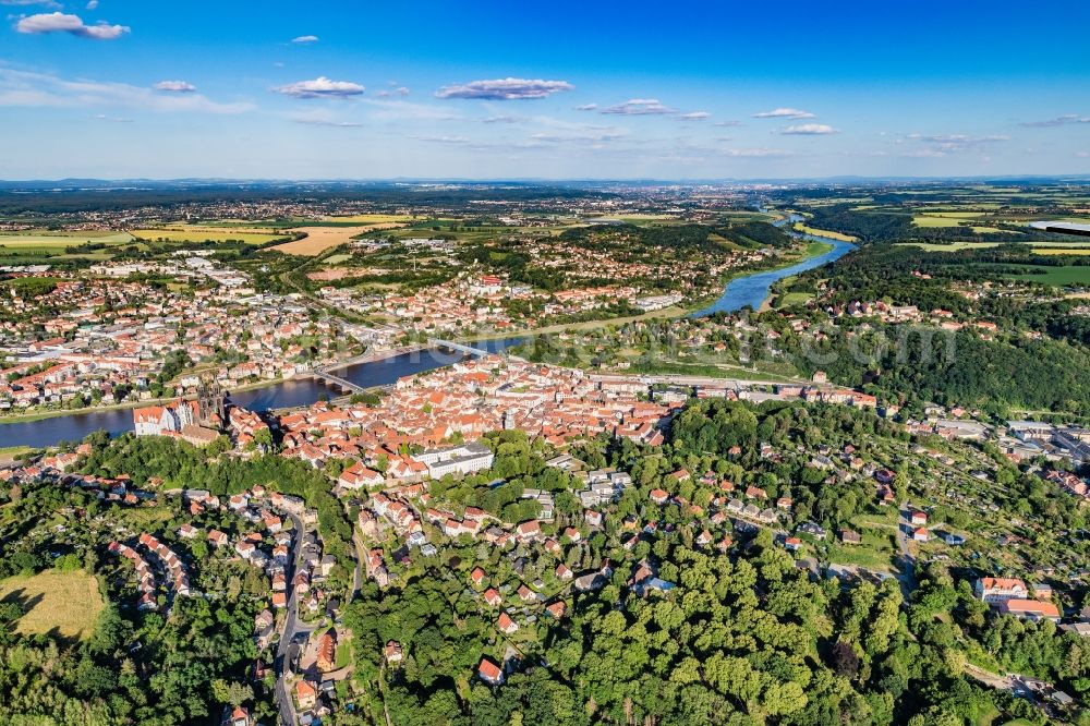 Meißen from above - City view on the river bank Elbe in Meissen in the state Saxony, Germany