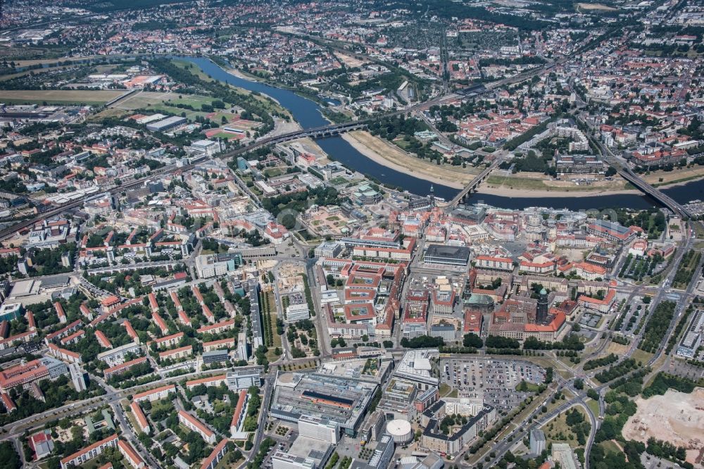 Dresden from above - City view on the river bank of the River Elbe in the district Altstadt in Dresden in the state Saxony, Germany