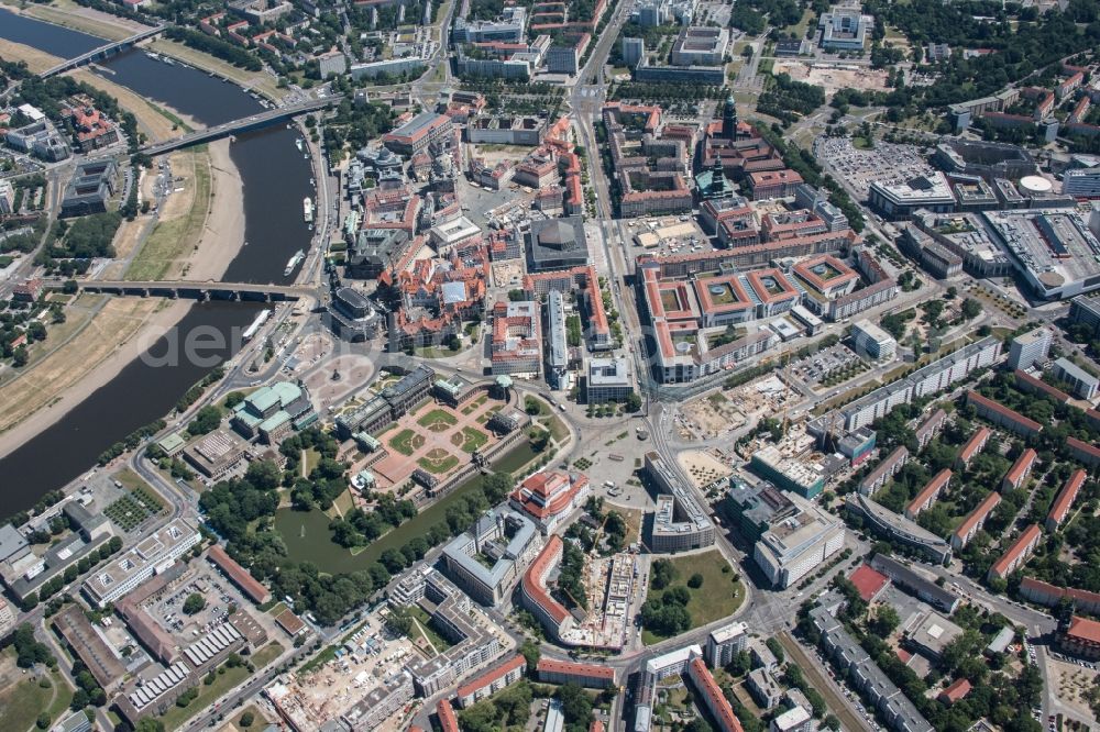 Dresden from above - City view on the river bank of the River Elbe in the district Altstadt in Dresden in the state Saxony, Germany