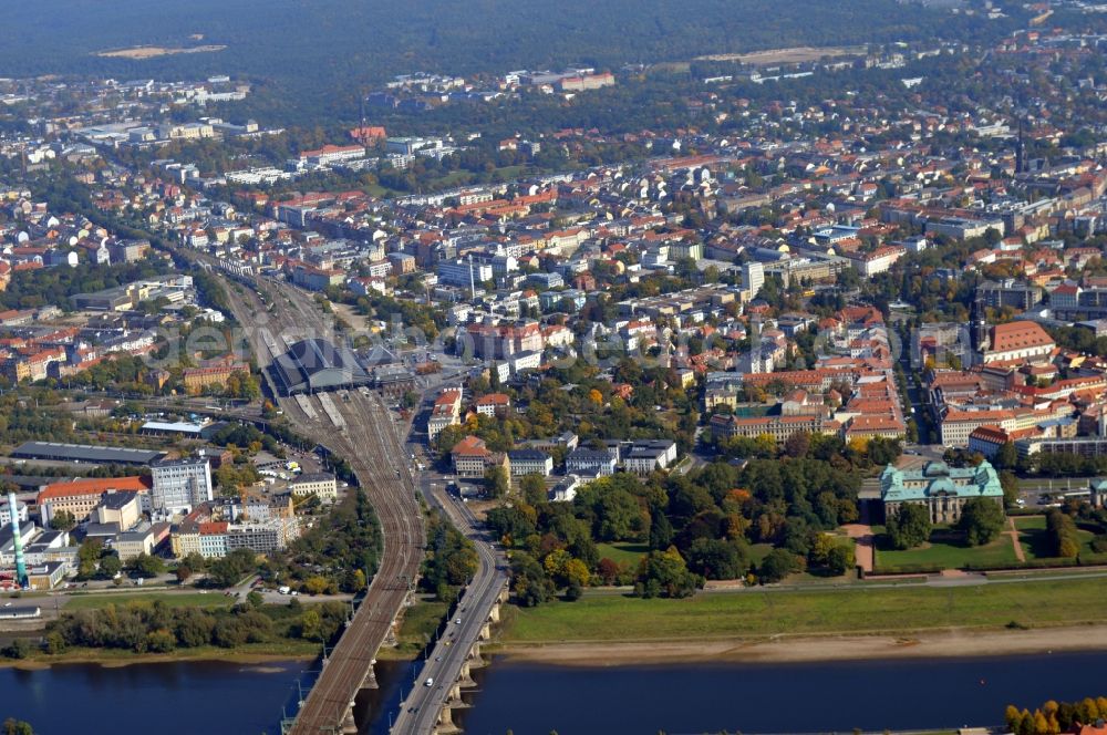 Dresden from above - City view on the river bank of the River Elbe in the district Neustadt in Dresden in the state Saxony, Germany