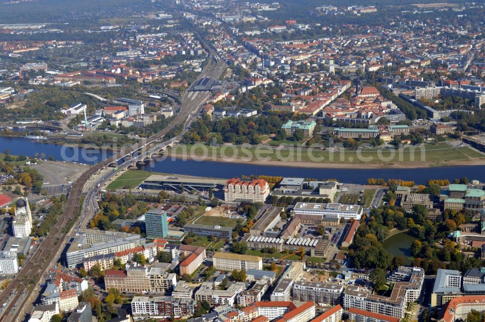 Dresden from above - City view on the river bank of the River Elbe in the district Zentrum in Dresden in the state Saxony, Germany