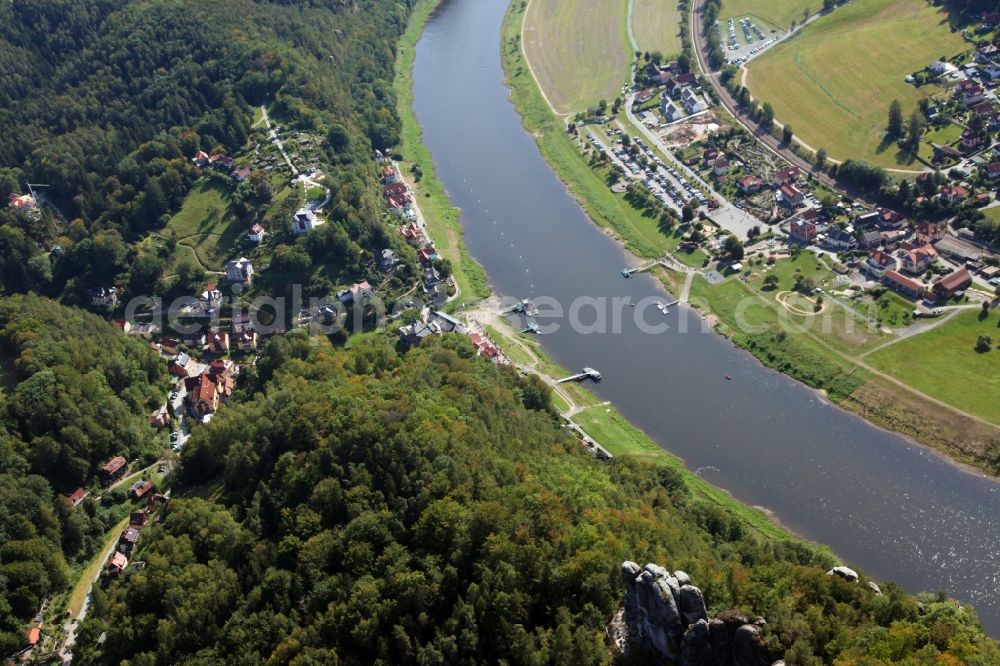 Rathen from above - City view on the river bank of the River Elbe in Rathen in the state Saxony, Germany