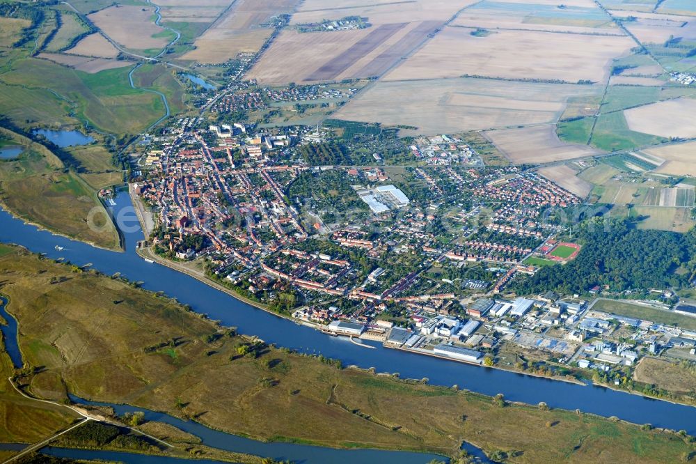 Tangermünde from above - City view on the river bank of the River Elbe in Tangermuende in the state Saxony-Anhalt, Germany