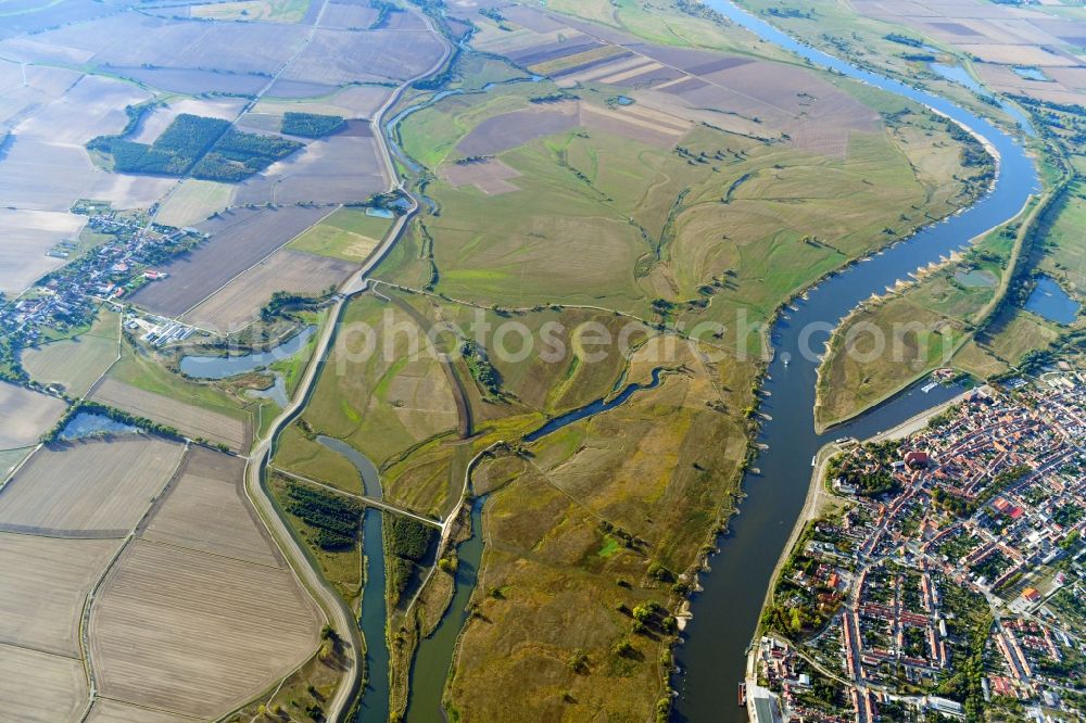 Aerial image Tangermünde - City view on the river bank of the River Elbe in Tangermuende in the state Saxony-Anhalt, Germany