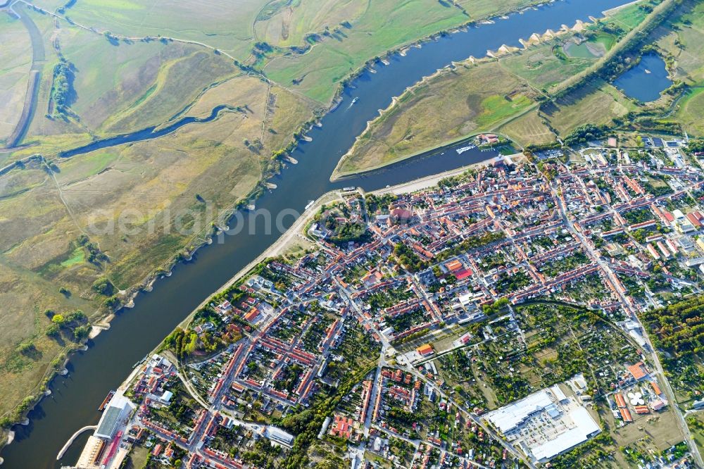 Tangermünde from above - City view on the river bank of the River Elbe in Tangermuende in the state Saxony-Anhalt, Germany