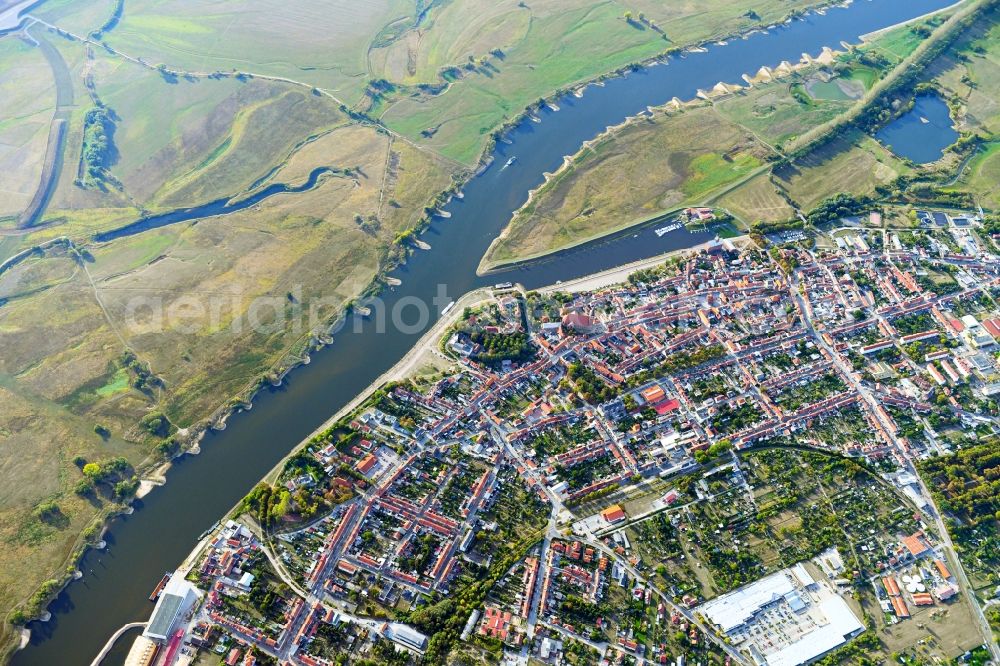 Aerial image Tangermünde - City view on the river bank of the River Elbe in Tangermuende in the state Saxony-Anhalt, Germany