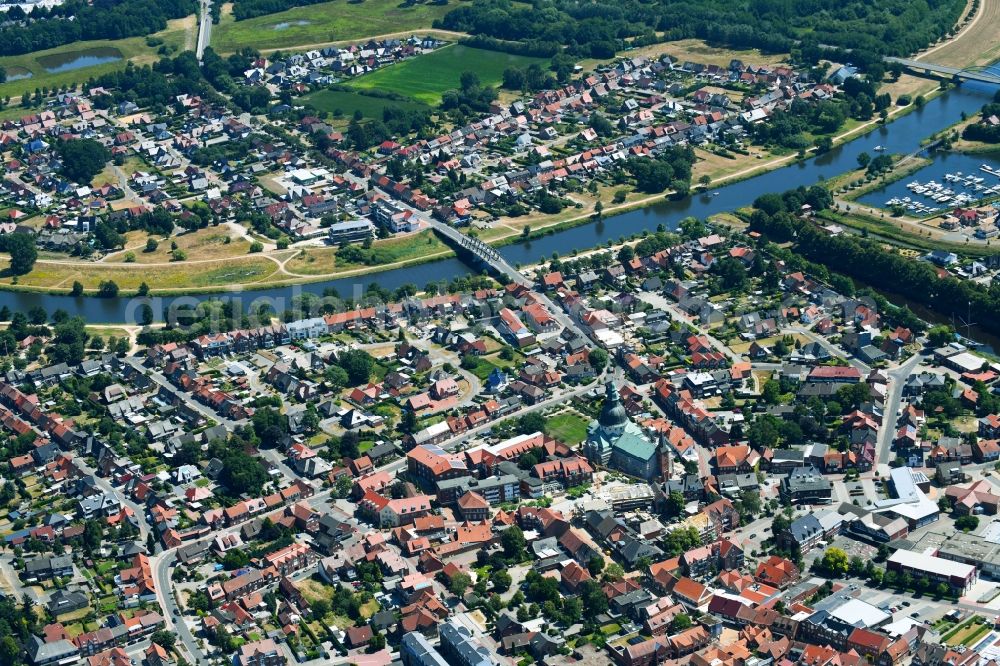 Haren (Ems) from the bird's eye view: City view on the river bank on Ems in Haren (Ems) in the state Lower Saxony, Germany