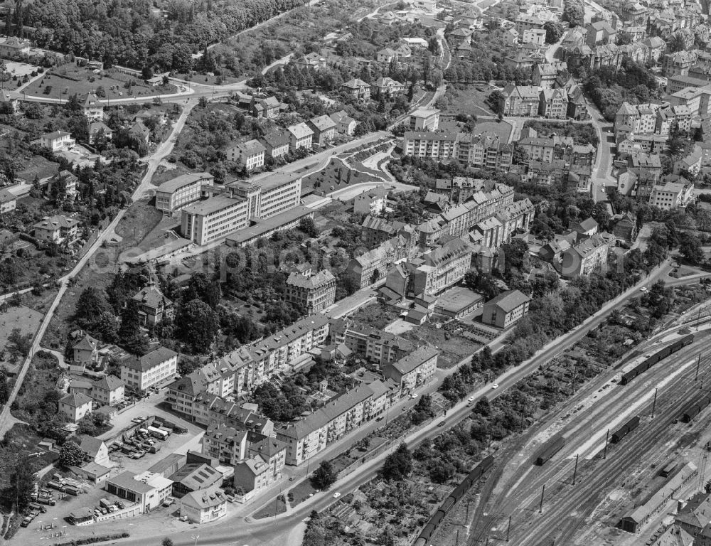 Pforzheim from above - City view on the river bank of Enz in Pforzheim in the state Baden-Wuerttemberg, Germany