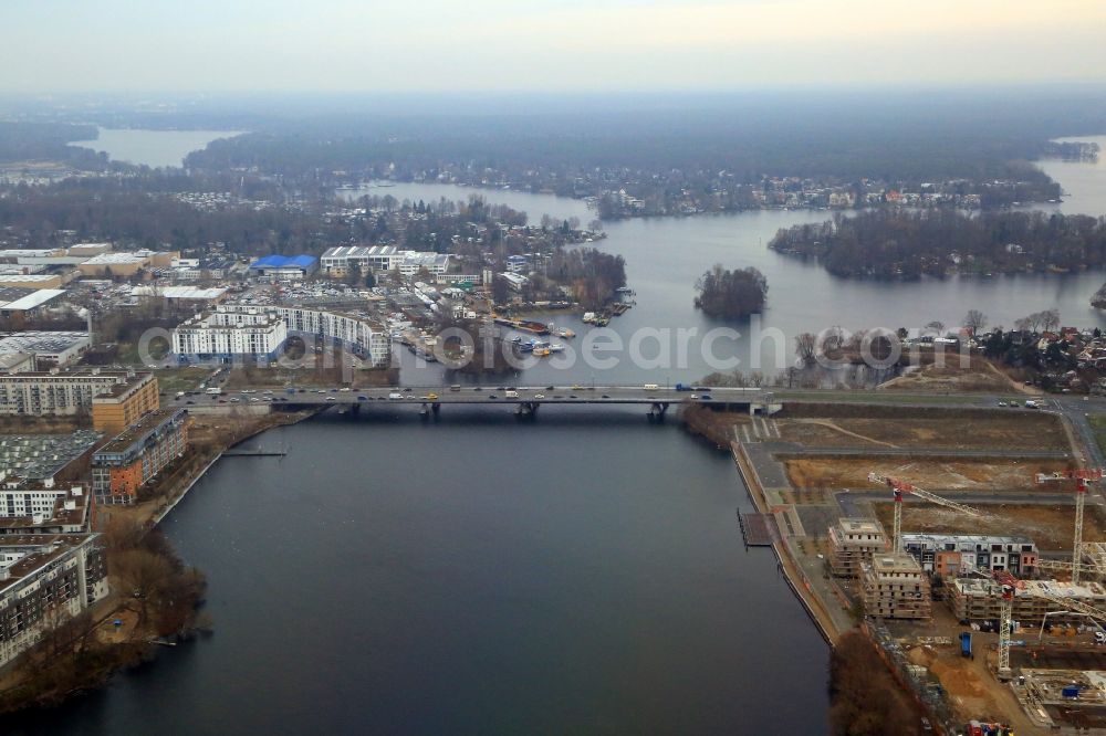 Berlin from above - City view on the river bank of the river Havel at the Wasserstadtbruecke ( Watertownbridge ) in the district Hakenfelde in Berlin, Germany