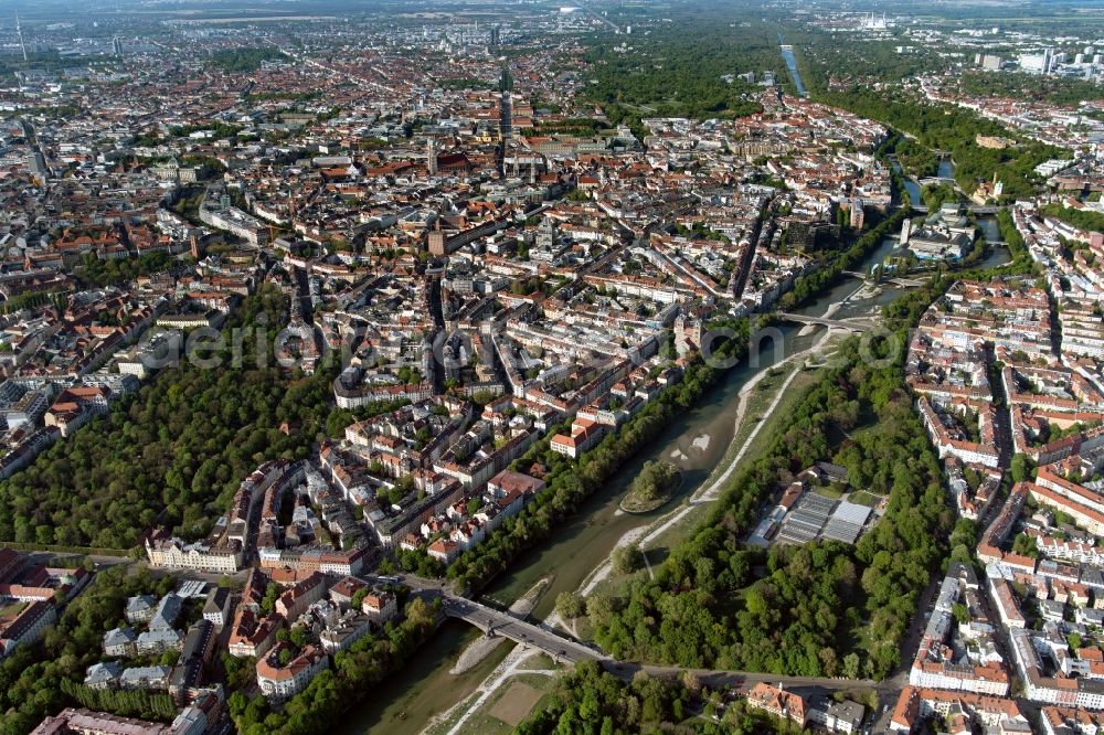 München from above - City view on the bank of the river Isar with a view of the old town - downtown - in Munich in the state Bavaria, Germany