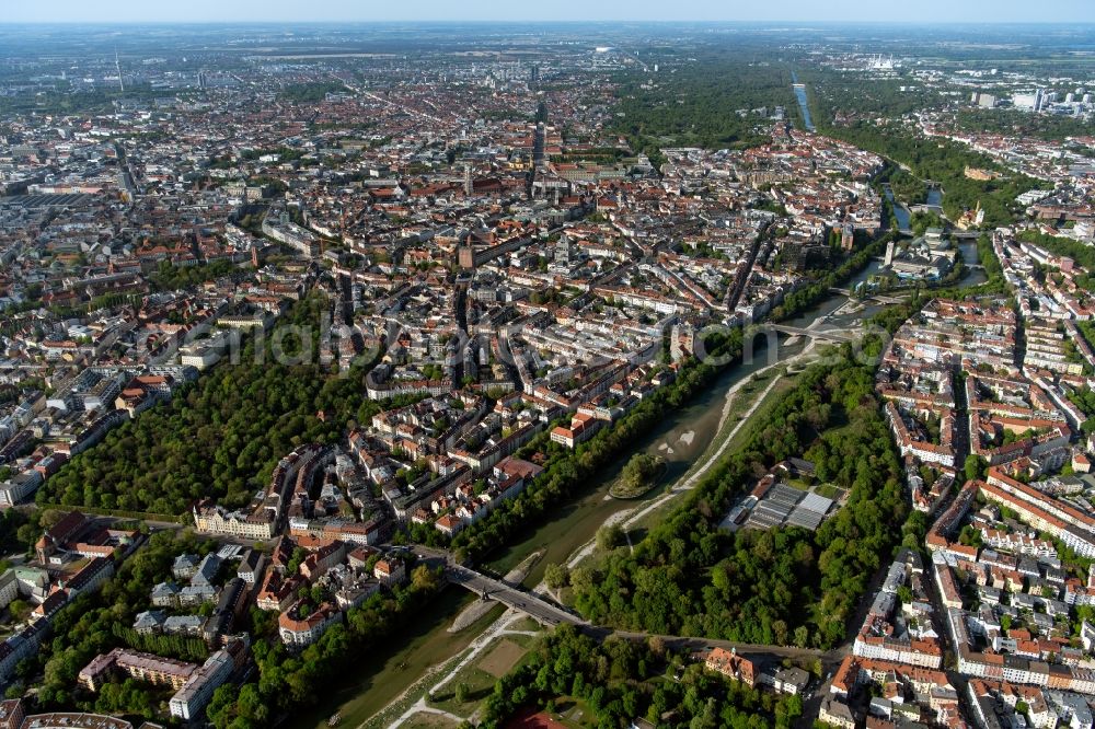 München from the bird's eye view: City view on the bank of the river Isar with a view of the old town - downtown - in Munich in the state Bavaria, Germany