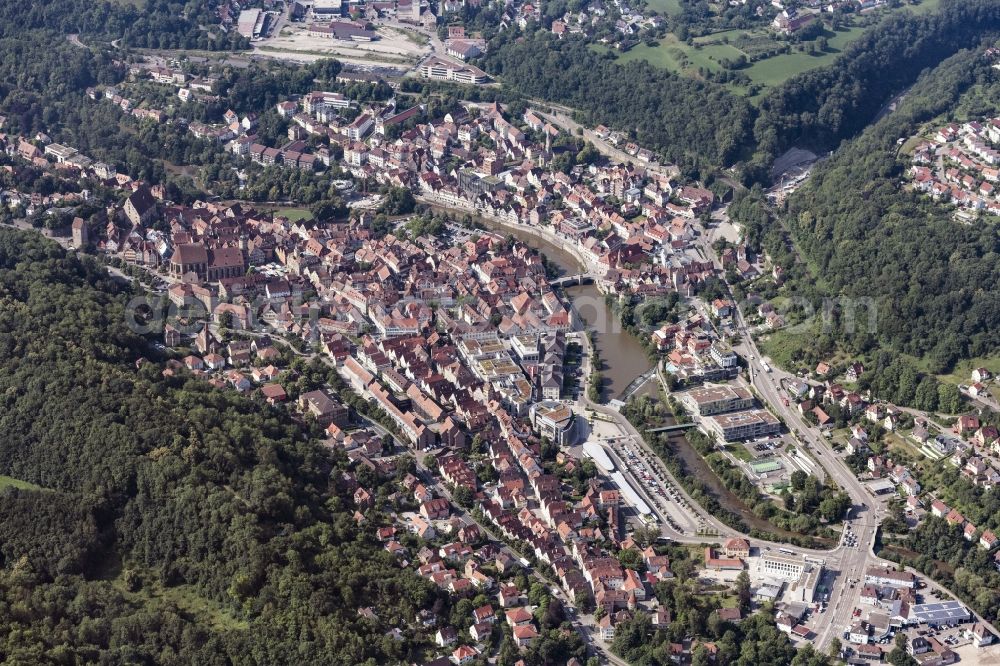 Schwäbisch Hall from above - City view on the river bank Kocher in Schwaebisch Hall in the state Baden-Wurttemberg, Germany