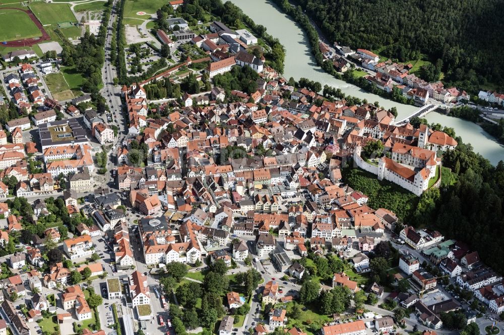 Füssen from above - City view on the river bank of Lech in Fuessen in the state Bavaria, Germany