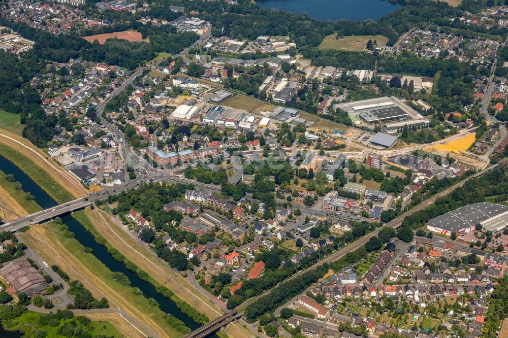 Dorsten from the bird's eye view: City view on the river bank of Lippe in Dorsten in the state North Rhine-Westphalia, Germany