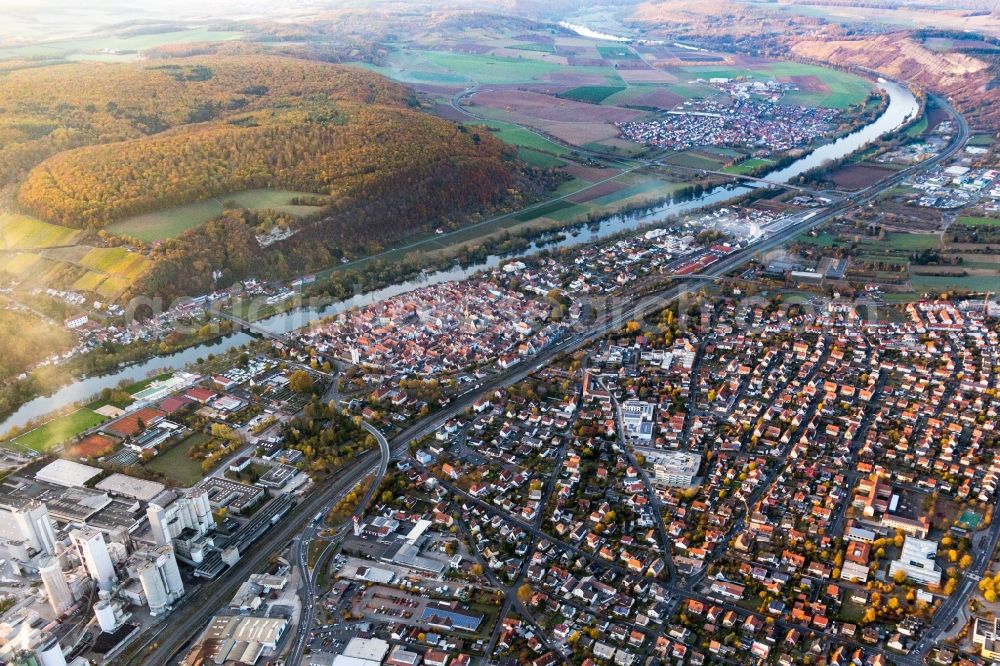 Karlstadt from the bird's eye view: City view on the river bank of the Main river in Karlstadt in the state Bavaria, Germany