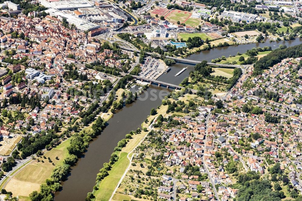 Aerial image Lohr am Main - City view on the river bank of the Main river in Lohr am Main in the state Bavaria, Germany