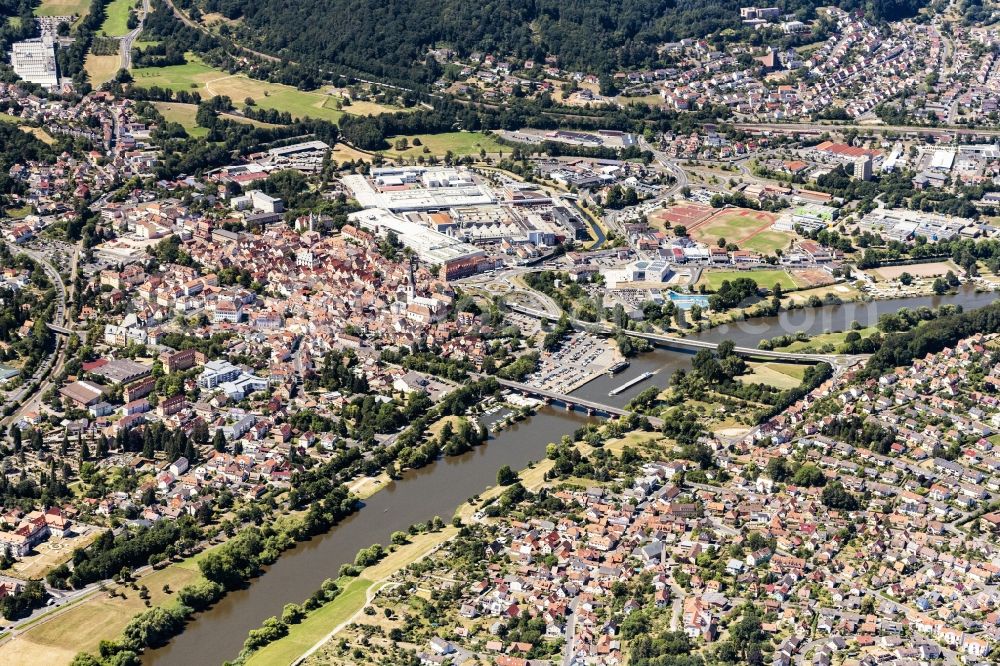 Lohr am Main from above - City view on the river bank of the Main river in Lohr am Main in the state Bavaria, Germany