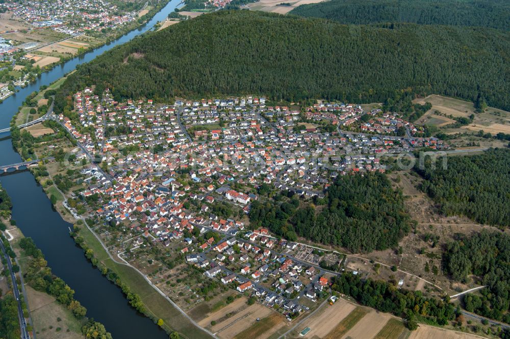 Aerial image Lohr am Main - City view on the river bank of the Main river in Lohr am Main in the state Bavaria, Germany