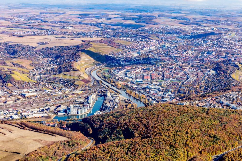 Würzburg from above - City view on the river bank of the Main river in the district Zellerau in Wuerzburg in the state Bavaria, Germany