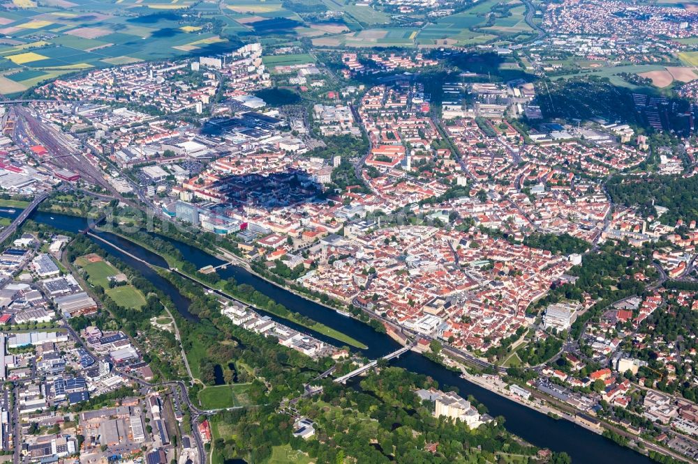 Schweinfurt from the bird's eye view: City view on the river bank of the Main river in Schweinfurt in the state Bavaria, Germany