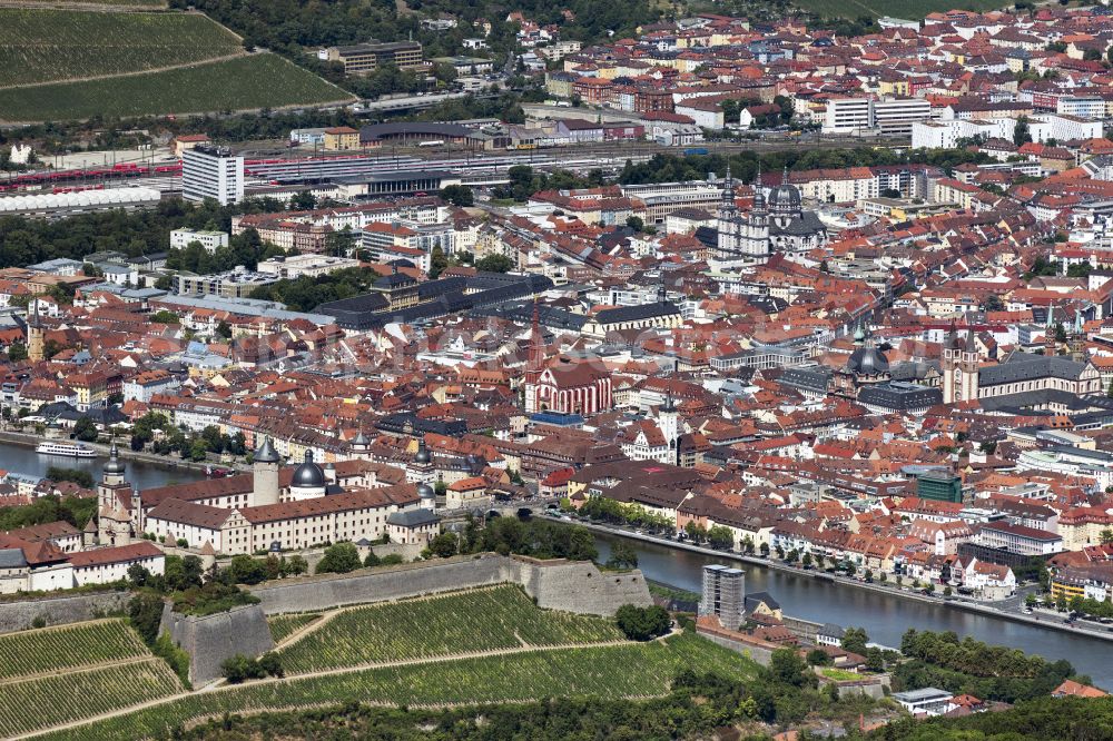 Würzburg from the bird's eye view: City view on the river bank of the Main river in Wuerzburg in the state Bavaria, Germany