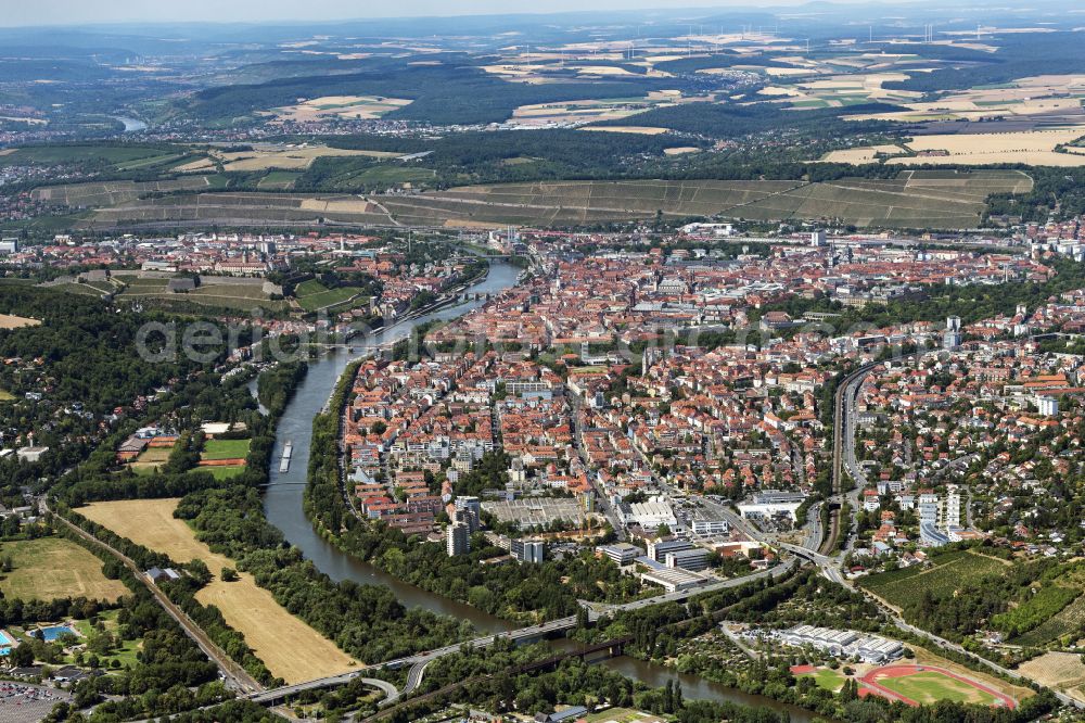 Würzburg from the bird's eye view: City view on the river bank of the Main river in Wuerzburg in the state Bavaria, Germany