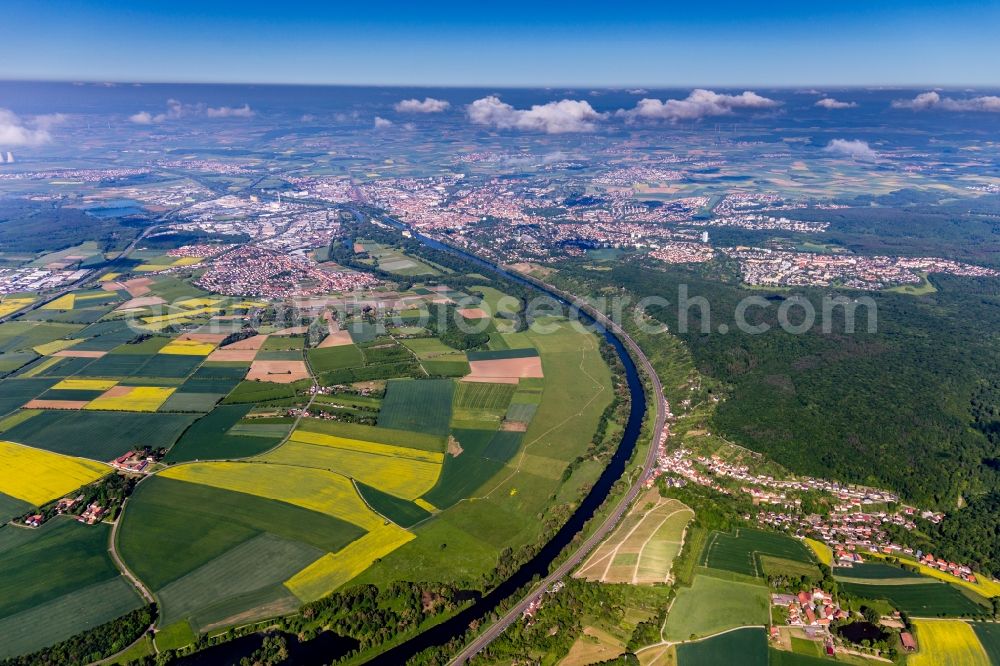 Schweinfurt from the bird's eye view: City view on the river bank of the Main river in Schweinfurt in the state Bavaria, Germany